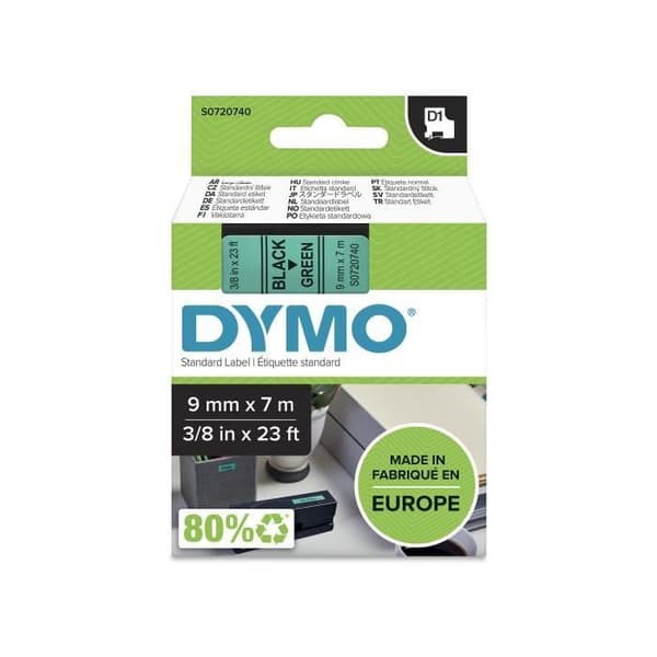 DYMO - LabelManager tejpkassett D1 9mm x 7m - Svart på grönt - Kompatibel med LabelManager och LabelWriter Duo