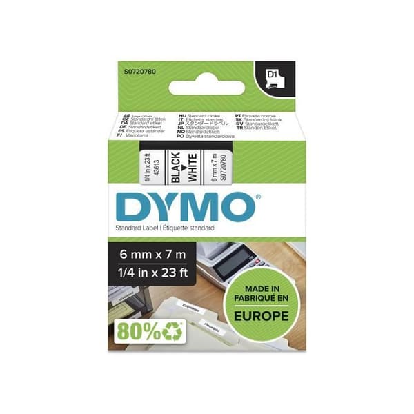 DYMO - LabelManager tejpkassett D1 6mm x 7m - Svart/Vit - Kompatibel med LabelManager och LabelWriter Duo