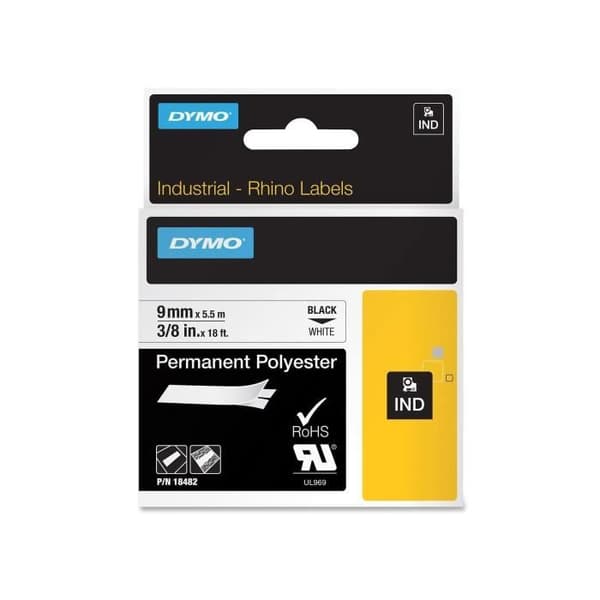 DYMO Rhino - självhäftande industriella polyesteretiketter, 9 mm x 5,5 m, svart på vitt