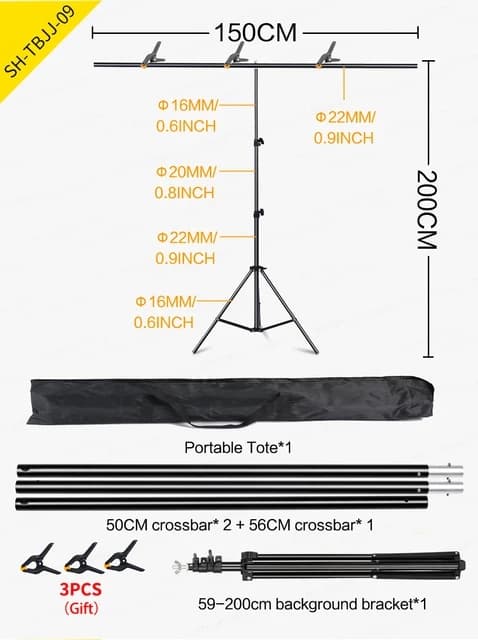 Foto Studio T-stativ, Justerbart Stödsystem, Non-Woven Muslin Bakgrunder, 102x150cm