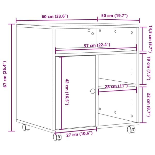 vidaXL Skriverstativ med hjul sonoma eik 60x50x67 cm