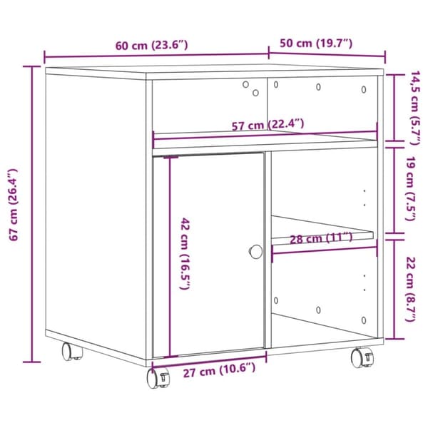 vidaXL printerstativ med hjul 60x50x67 cm røget egetræsfarve