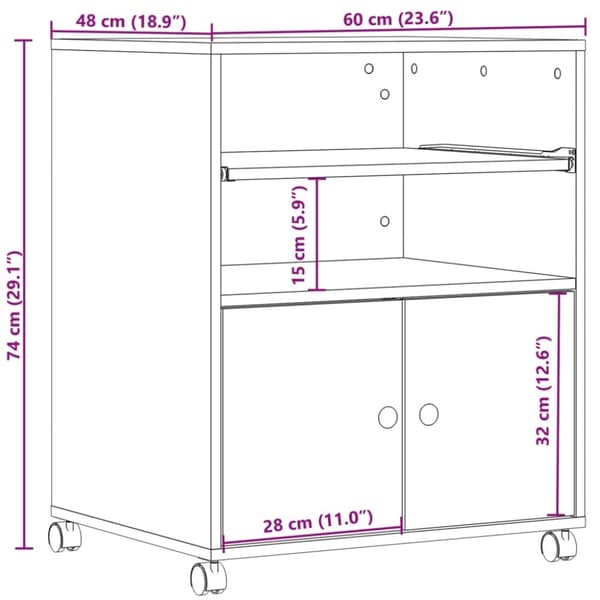 vidaXL printerstativ med hjul 60x48x74 cm sort