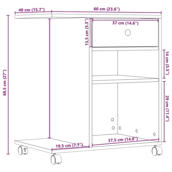 vidaXL printerstativ med hjul 60x40x68,5 cm røget egetræsfarve