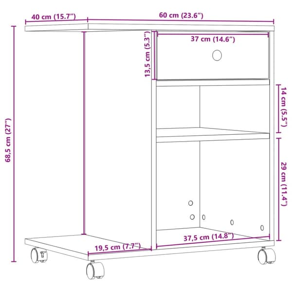 printerstativ med hjul 60x40x68,5 cm grå sonoma-eg