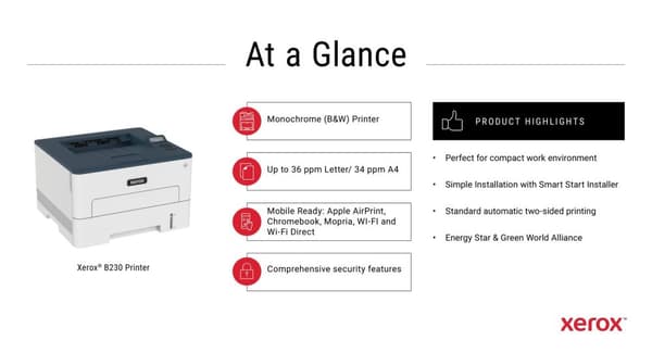Xerox B230 - Printer - sort/hvid - Laser - Legal/A4 - 600 x 600 dpi - op til 34 sider/min. - Kapacitet: 250 ark - USB 2.0, LAN, Wi-Fi(n), USB 2.0 vært Blå, Hvid