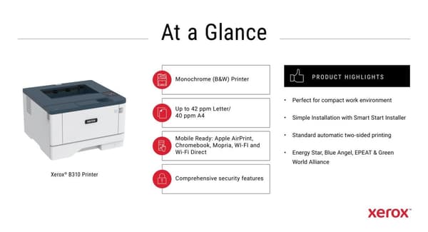 Xerox B310 - tulostin - b/w - duplex - laser - A4/Legal - 600 x 600 dpi - jopa 40 sivua/min. - Kapasiteetti: 350 arkkia - USB 2.0, LAN, Wi-Fi(n) Sininen, Valkoinen