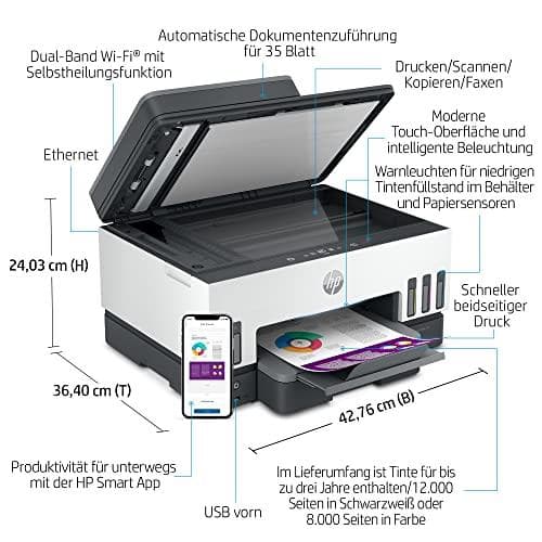 HP Smart Tank 7605 -monitoimitulostin (tulostin, skanneri, kopiokone, faksi, automaattinen asiakirjansyöttölaite, WLAN, LAN, AirPrint, sisältää mustee