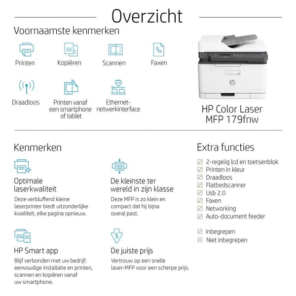 HP Color Laser MFP 179fnw, Skriv ut, Kopiera, Skanna, Faxa, Skanna till PDF