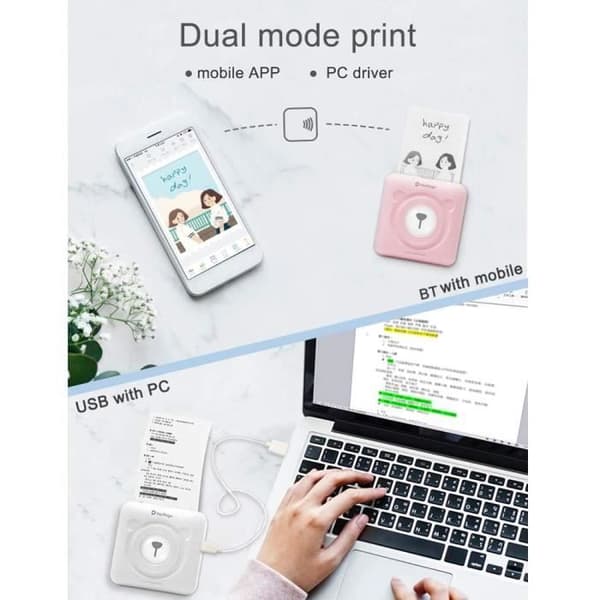 Aibecy PeriPage bärbar fotoskrivare - Vit - BT 4.0 trådlös teknologi - Inbyggt uppladdningsbart batteri
