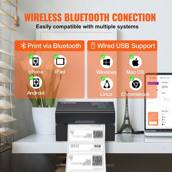 VEVOR Termisk Etikettskrivare, 300DPI Upplösning, Bluetooth Anslutning,300 punkter per tum