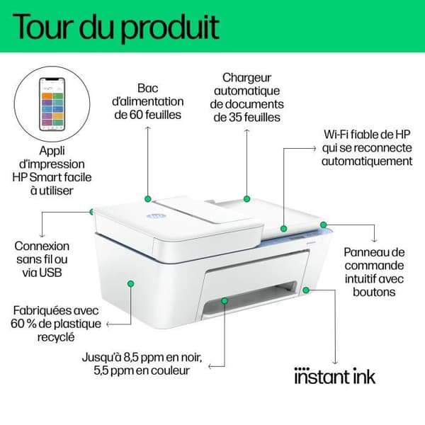 HP Deskjet 4222e Color Inkjet Copy Scan All-in-One-skrivare - 3 månaders Instant-bläck ingår i HP+