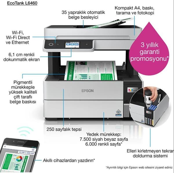 Epson-skrivare Multifunktionsenhet | EcoTank L6460 | Bläckstråle | Färg | 3-i-1 | WiFi | Svartvit Svart, Vit