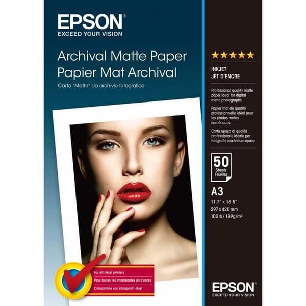 EPSON Archival Matte Paper 50 ark - A3 189gsm - 29,7 x 42 cm - Kompatibel: SureColor SC-T7200D, SureColor SC-T7200 …