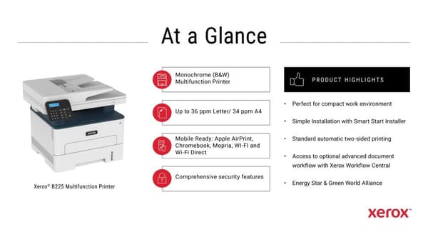 Xerox B225 A4 34 sivua minuutissa langaton kaksipuolinen tulostin PS3 PCL5e/6 ADF 2 alustaa yhteensä 251 arkkia