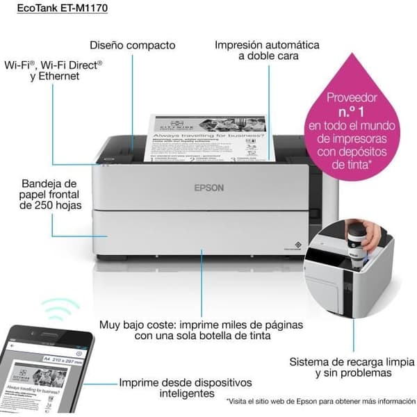 EPSON EcoTank ET-M1170-skrivare - Bläckstråle - A4/Legal - 1200x2400 dpi - 250 ark