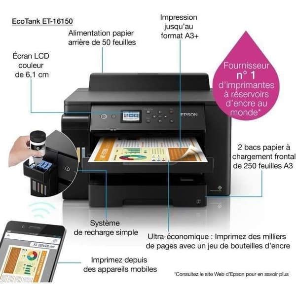 Monofunktionsskrivare - EPSON - Ecotank ET-16150 - Bläckstråleskrivare - A3 / A4 - Färg - Wi-Fi - C11CJ04401