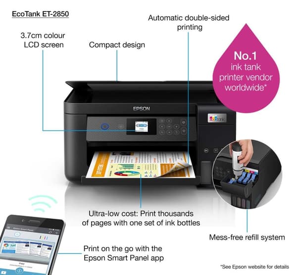 Epson EcoTank ET-2850 3-i-1 bläckstråleskrivare A4-skrivare WiFi/WLan Duplex