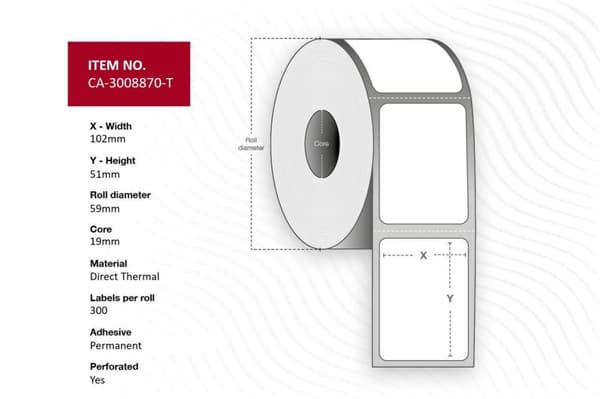 Termiske etiketter 102 x 51 mm, kerne 19 mm, ydre diameter 59 mm, ubestrøgne, slidstærke, perforerede, 300 stk. pr. rulle, 16 ruller, CA-3008870-T
