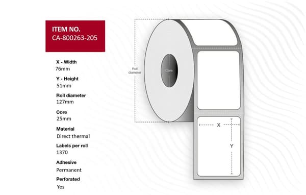 Capture Thermal-etiketter, 76x51 mm, slitstarka, perforerade, 1370 st/rulle, 12 rullar/låda, CA-800263-205