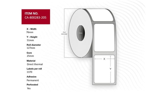 Lämpötarrat 76 x 51 mm, 25 mm ydin, pinnoittamaton, pysyvä, rei'itetty, 1370 kpl/rulla, 12 rullaa/laatikko, CA-800283-205