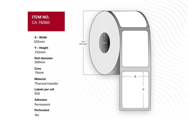 Termotransferetiketter 102 x 152 mm, 76 mm kerne, bestrøget, permanent, uperforeret, 950 etiketter/rulle, 4 ruller/æske, CA-76060