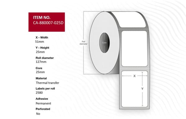 Termotransferetiketter 51 x 25 mm, 25 mm kärna, obestrukna, permanenta, 2580 st/rulle, 12 rullar/förpackning, CA-880007-025D