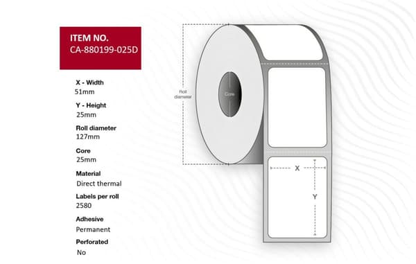 Termiska etiketter för infångning, 51 x 25 mm, 25 mm kärna, permanenta, operforerade, 2580 per rulle, 12 rullar per kartong, CA-880199-025D