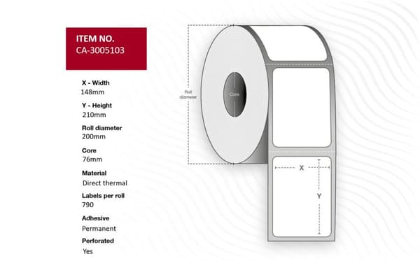 Termoetiketter 148 x 210 mm, 76 mm kärna, obelagda, permanenta, perforerade, 790 per rulle, 4 rullar per förpackning, CA-3005103