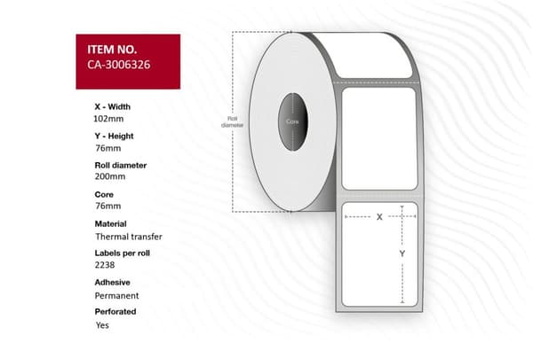 Termotransferetiketter 102 x 76 mm, 76 mm kärna, belagda, permanenta, perforerade, 2238 stycken per rulle, 4 rullar per låda, CA-3006326