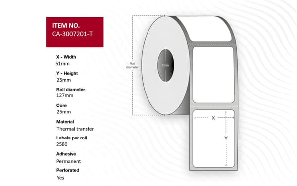 Termotransferetiketter 51 x 25 mm, 25 mm kärna, belagda, slitstarka, perforerade, 2580 etiketter/rulle, 8 rullar/låda, CA-3007201-T
