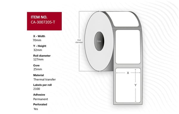 Termotransferetiketter 70 x 32 mm, 25 mm kärna, belagda, permanenta, perforerade, 2100 stycken per rulle, 4 rullar per förpackning, CA-3007205-T