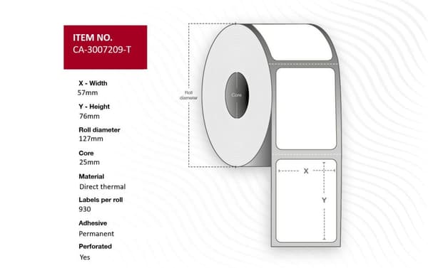 Termiska etiketter för infångning 57 x 76 mm, 25 mm kärna, belagda, permanenta, perforerade, 930 etiketter/rulle, 12 rullar/låda, CA-3007209-T