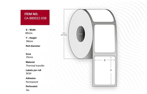 Termotransferetiketter 89 x 38 mm, 76 mm kärna, 3634 st/rulle, 6 rullar, CA-880022-038