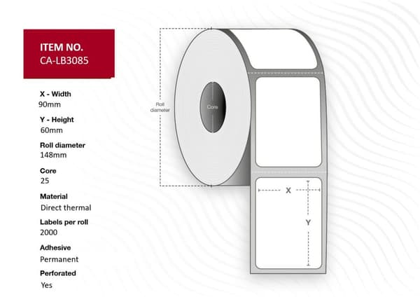 Termoetiketter 90x60, kärna 25, diameter 148 mm, obelagda, 2000 st/rulle, 8 rullar/förpackning, CA-LB3085