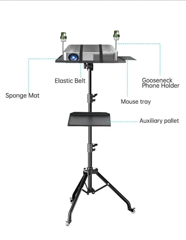 Projektorstand, Justerbar højde 23 til 63 tommer, Robust metal konstruktion,145 cm med hjul