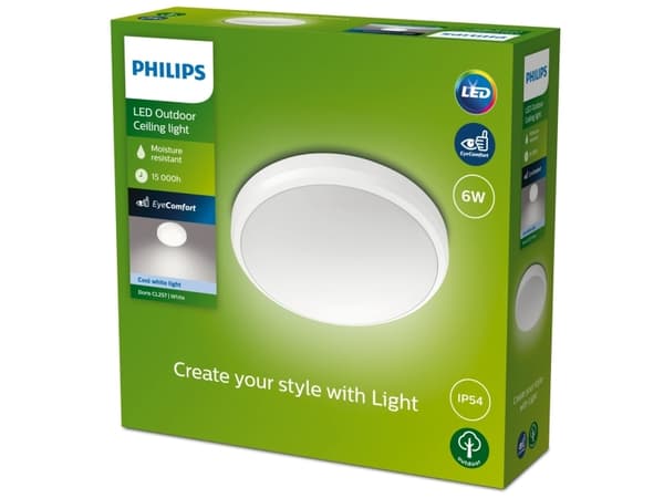 Philips Doris taklampa 6 W, Vit, IP54, Trädgård, Terass, I, Modern, Trädgård, Terass