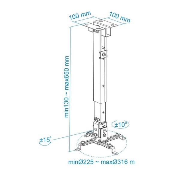 Stödplafond - TooQ - PJ2012T-W - Kapacitet 20 kg - Längd 13-65 cm - Lutning -15° till 15°