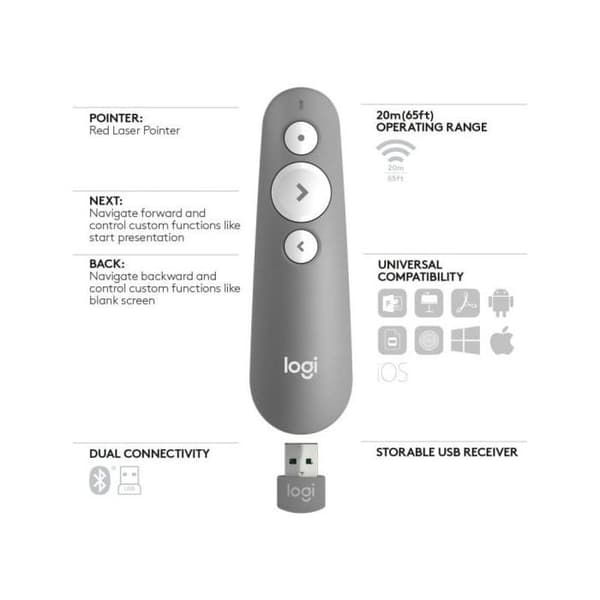 Presentationsfjärrkontroll - Logitech - R500s - Röd laserpekare - 20 meter - Bluetooth 4.0 LE
