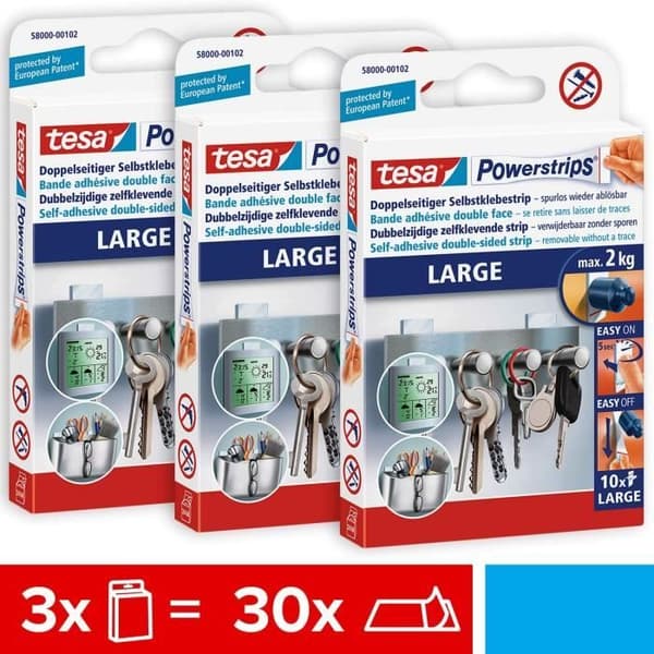 Tesa Powerstrips Avtagbara remsor LARGE - Extra stark fixering - Självhäftande remsor för släta ytor -