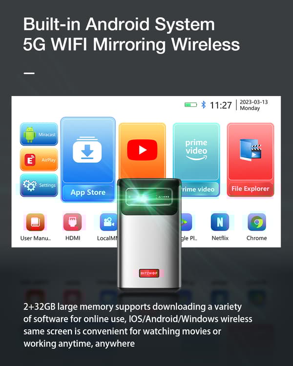 BW-VT2 ProMax DLP Miniprojektor WIFI6 Android TV Bluetooth 5.0 Autofokus Auto Keystone-korrigering Netflix YouTube Inbyggt batteri 3D-hemmabio utomhus