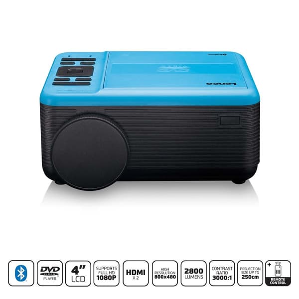 Lenco LCD-projektori, jossa on DVD-soitin ja Bluetooth® Sininen