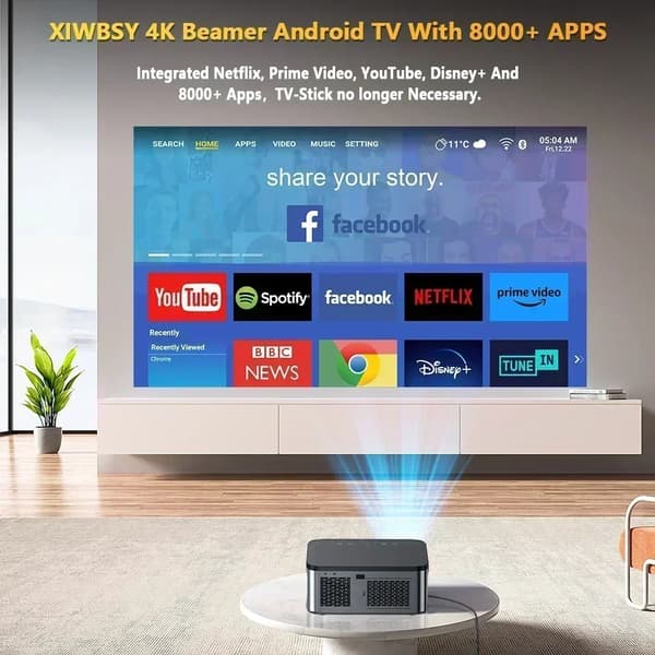 XIWBSY Android-projektori, 25000 lumenin kirkkaus, 25000:1 kontrastisuhde,32G automaattitarkennus, EU-pistoke