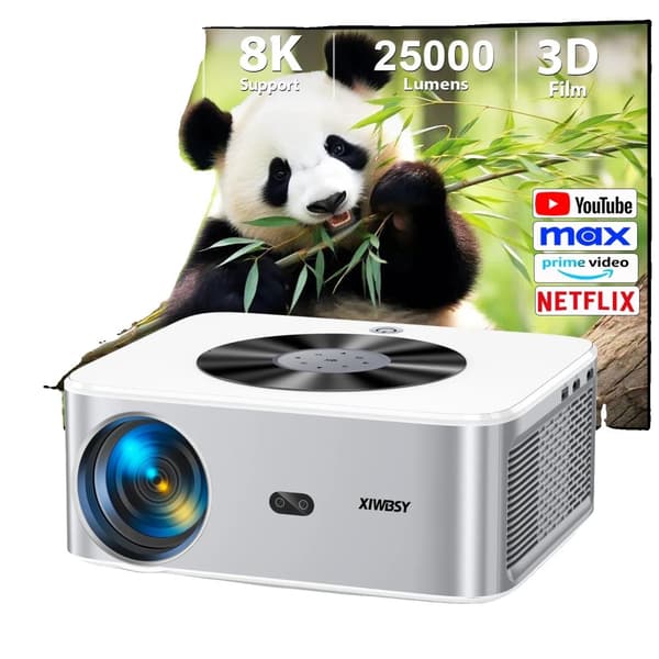 XIWBSY Android-projektor, 25000 lumen ljusstyrka, 1920x1080p upplösning,32G autofokus, EU-kontakt