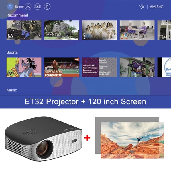 ET32-projektori, 1500 ANSI-lumenin kirkkaus, automaattinen keystone-korjaus,ET32 ja näyttö