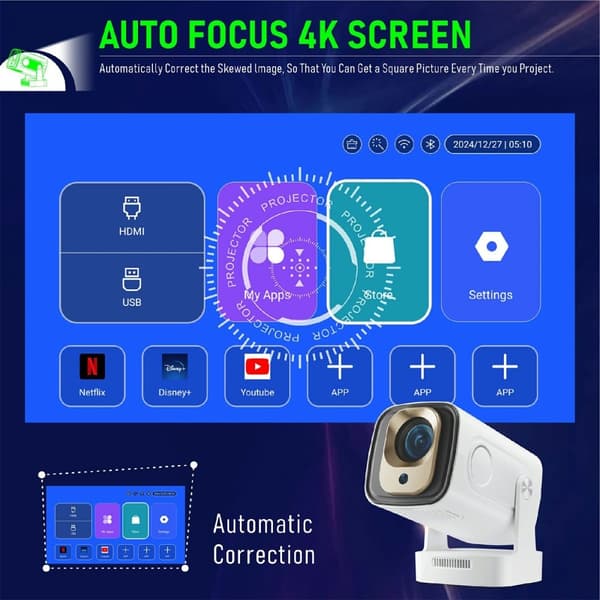 HY260 Pro Projektor 1GB+8GB Android 11.0 WiFi6 BT5.4 hemmabio 200 ANSI Lumen