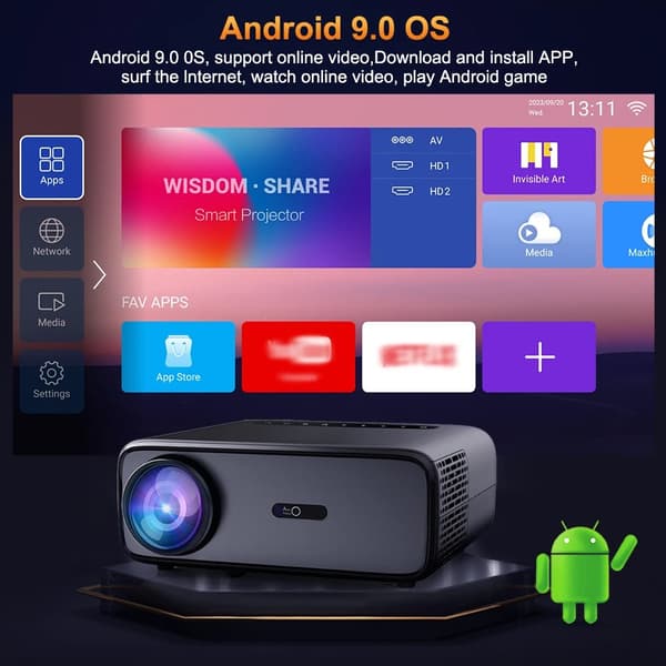 Projektor, Full HD 1080P Uppl�sning, 3D-Kapacitet, Androidprojektor