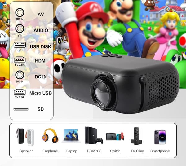 KANNETTAVA PROJEKTORI KAUKOSÄÄTIMELLÄ, JOPA 170 TUUMAA, BLUETOOTH, FullHD