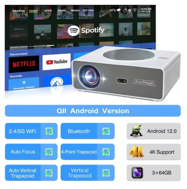4K Android Projektor, 28000 Lumen Lysstyrke, Bluetooth Fjernbetjening,Q11 Android