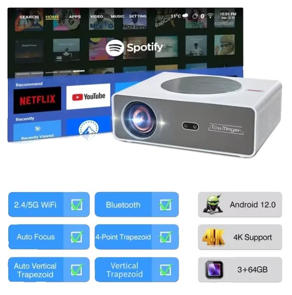 4K Android-projektori, 28000 lumenin kirkkaus, Bluetooth-kaukosäädin,Q11 Android